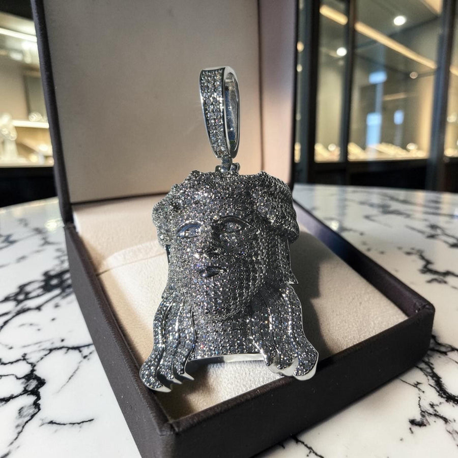 Iced Out White Gold Tone Jesus Head Pendant, 5 A Grade CZ Stones (38x70mm)