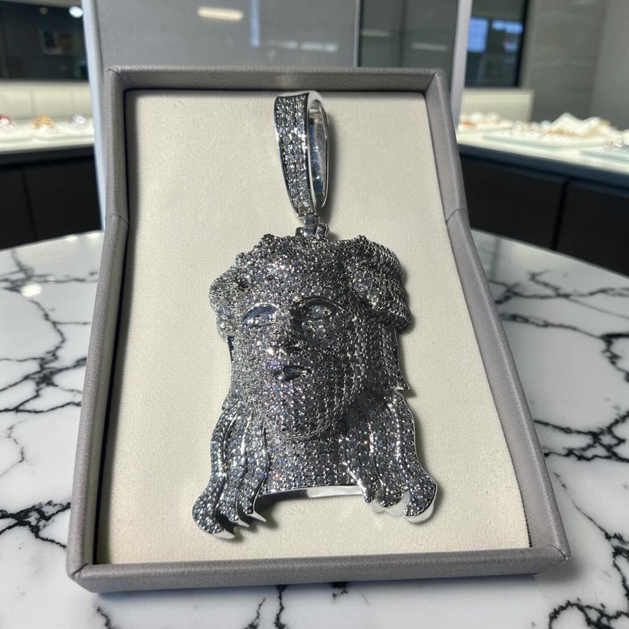 Iced Out White Gold Tone Jesus Head Pendant, 5 A Grade CZ Stones (38x70mm)