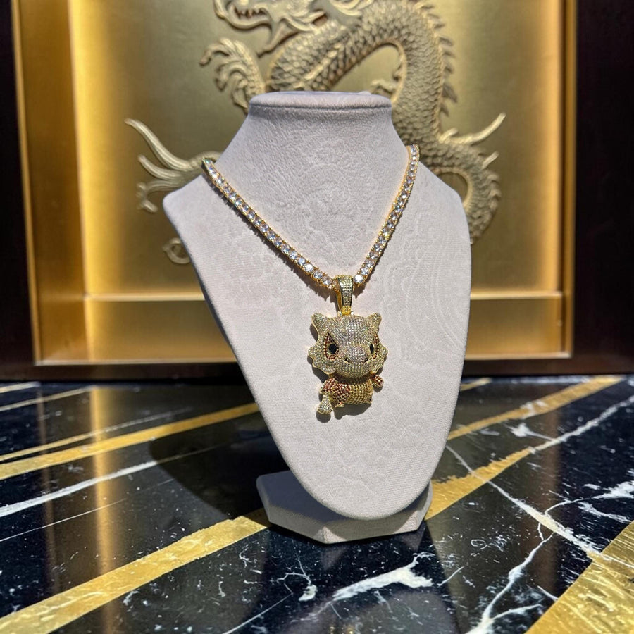 Custom Gold Filled Charmander Pendant – Iced Out CZ Tennis Chain (20" Long)