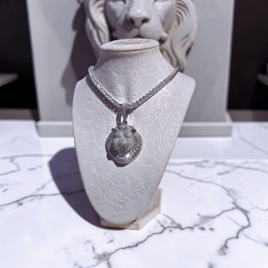Custom White Gold  filled Lion Head Pendant with CZ Tennis Chain (43x70mm)