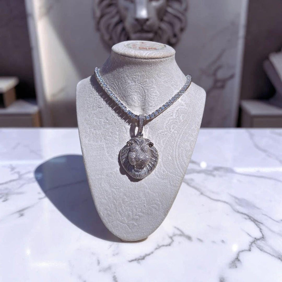 Custom White Gold  filled Lion Head Pendant with CZ Tennis Chain (43x70mm)