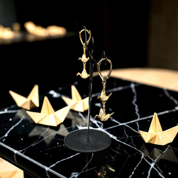 14kt Gold Origami Crane Leverback Earrings – Symbol of Peace, Fortune, Longevity