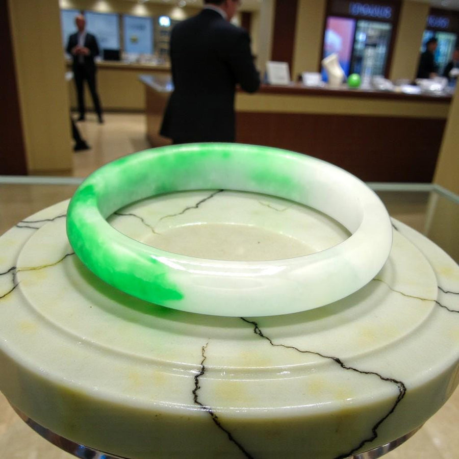Green & White Jade Bangle – 12mm / Sz. 7.75