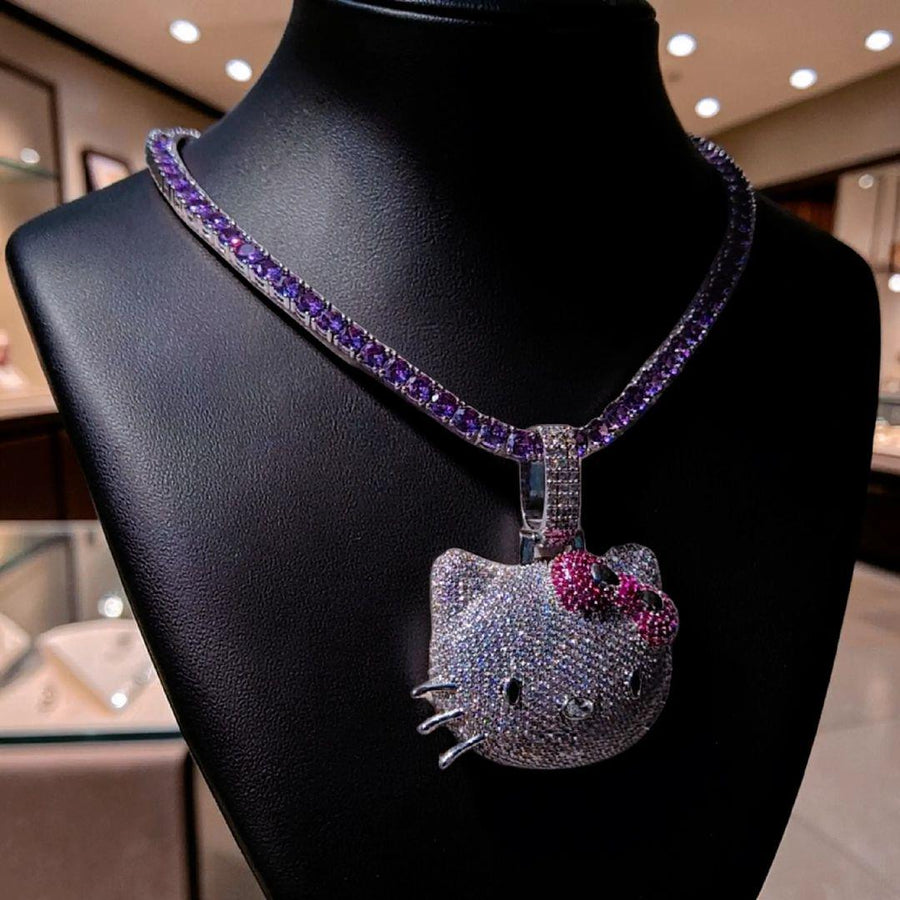 Iced Out Rose Gold Tone Pendant Necklace – Rhinestone Bow, Purple Tennis Chain (18" Long)