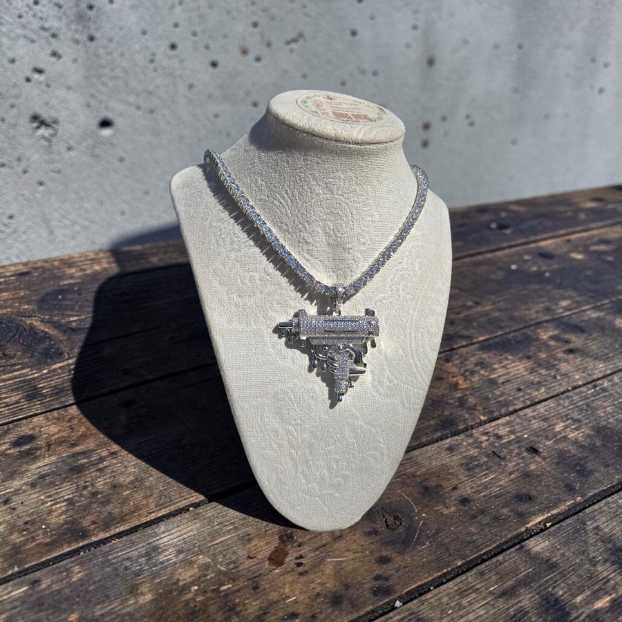 Custom White Gold  filled Uzi Pendant with CZ Tennis Chain – 52*60mm, 20" Length