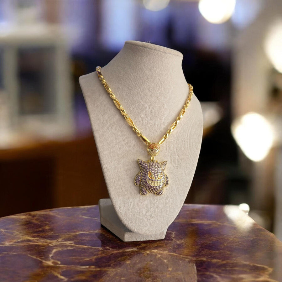 Iced Out Gengar Pendant – Gold Filled, Purple CZ, 20" Chain (38x53mm)