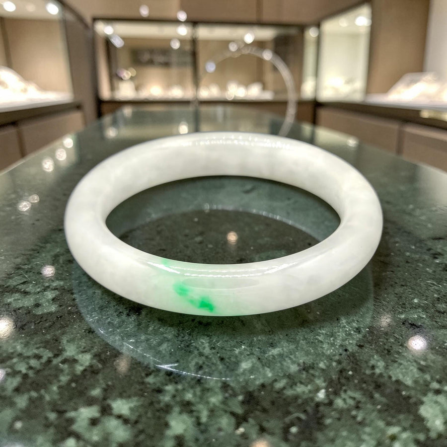 Natural White & GreenJade Barrel Bangle – 12mm / Sz. 7.5