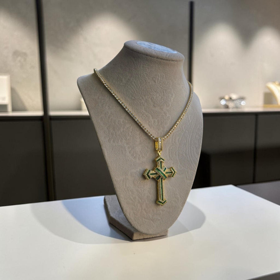 Iced out Cross  filled Pendant with Green CZ Stones – Tennis Chain Necklace (20" Long)