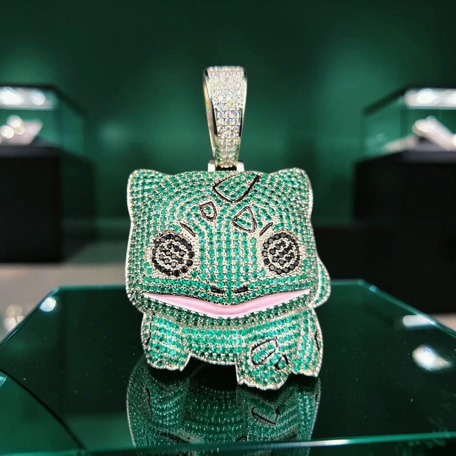 Custom Iced Out Frog Pendant: Silver-Tone Metal, Green Stones, Pink Enamel (38x60mm)