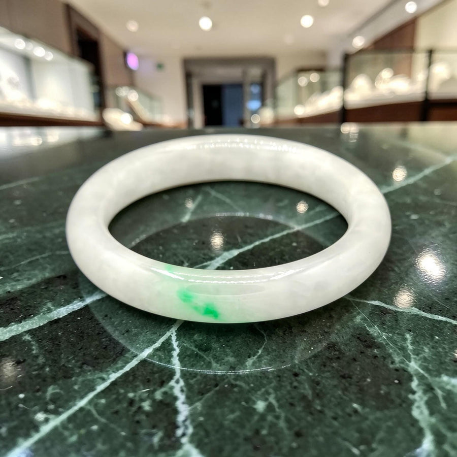 Natural White & GreenJade Barrel Bangle – 12mm / Sz. 7.5