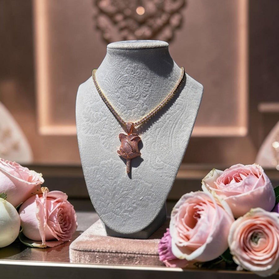 Rose Gold CZ Rose Pendant Necklace – 18" Tennis Chain, Pink & Clear Stones