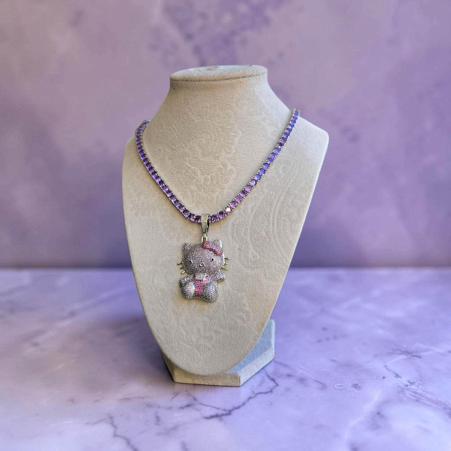Iced Out White Gold Tone Tennis Necklace – Purple 5A Grade CZ Pendant (20 inches)