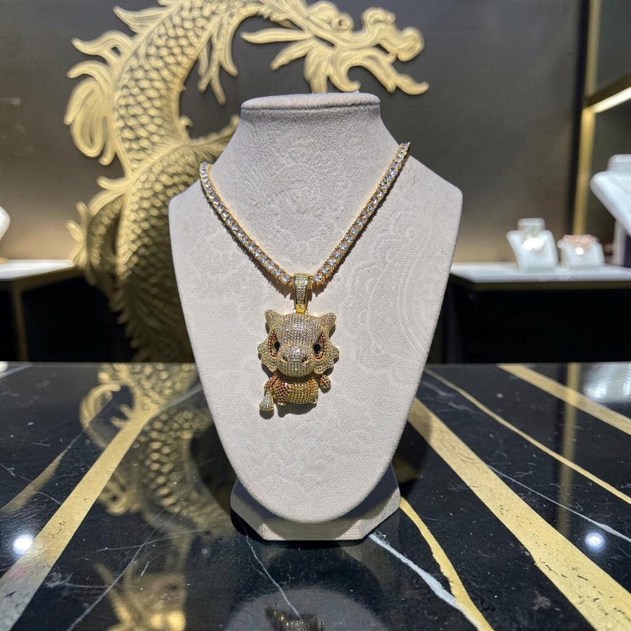 Custom Gold Filled Charmander Pendant – Iced Out CZ Tennis Chain (20" Long)