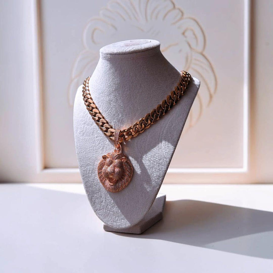 Custom Rose Gold Filled Cuban Link Necklace – XL Lion Head Pendant (22" Long)