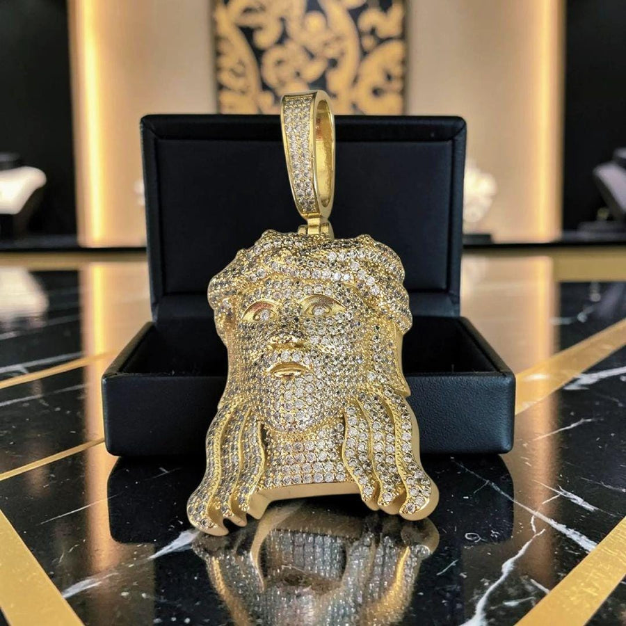 Custom Gold Filled Jesus Head Pendant – XL 38x70mm, 5 A Grade Cubic Zirconia Stones