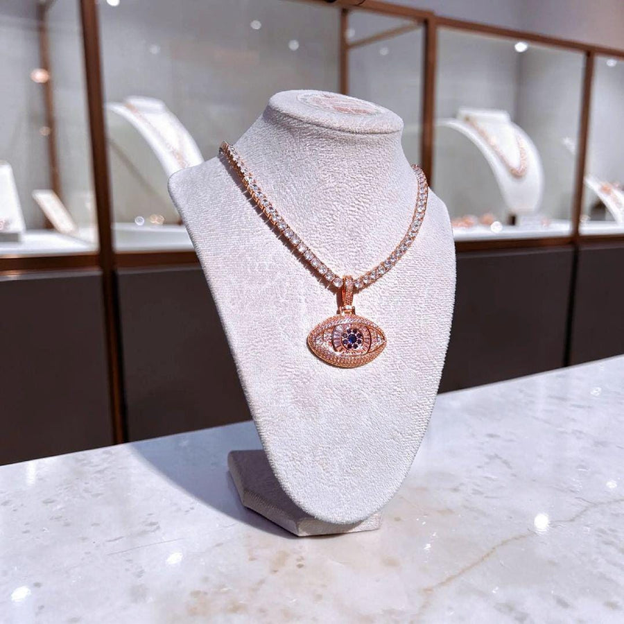 Rose Gold Filled Evil Eye Pendant with CZ Tennis Chain (20" Long)