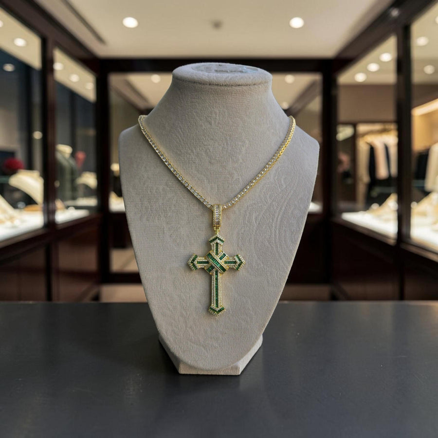 Iced out Cross  filled Pendant with Green CZ Stones – Tennis Chain Necklace (20" Long)