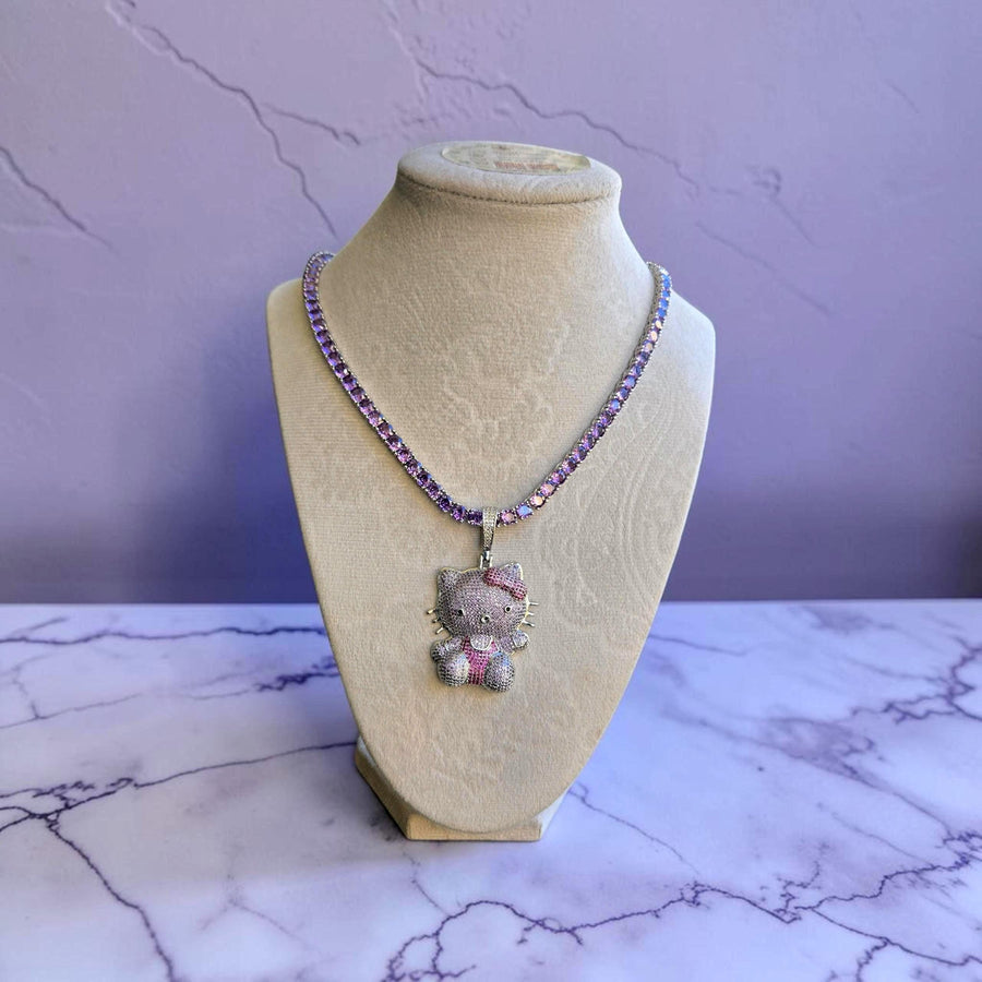 Iced Out White Gold Tone Tennis Necklace – Purple 5A Grade CZ Pendant (20 inches)