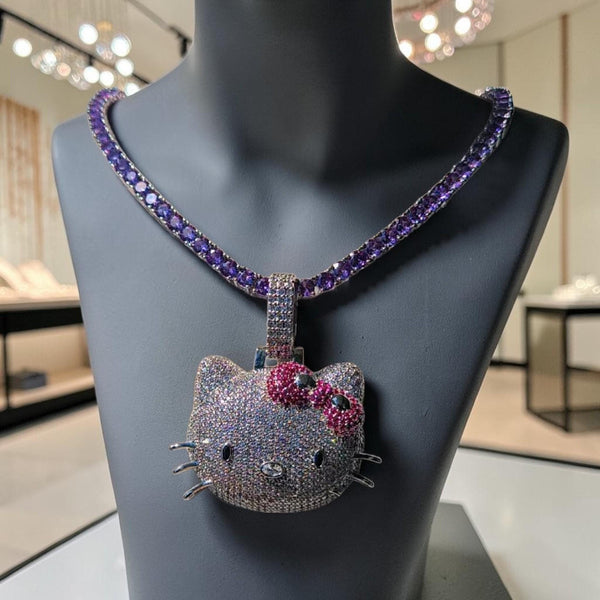 Iced Out Rose Gold Tone Pendant Necklace – Rhinestone Bow, Purple Tennis Chain (18" Long)