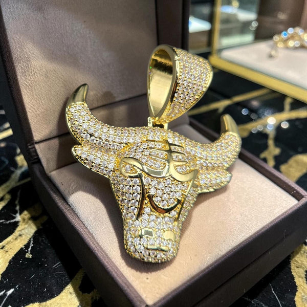 Custom Gold Filled Bull Pendant: 50x57mm, 5 A Grade CZ Stones