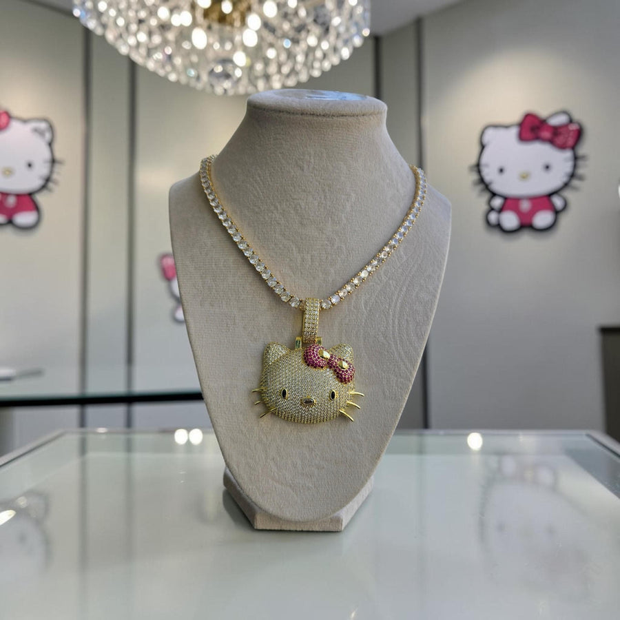 Iced Out custom set Pendant with  3 mm 5 grade cz hand cut stones on Tennis Chain 18 inches long.