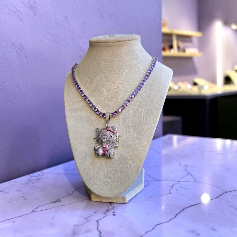 Iced Out White Gold Tone Tennis Necklace – Purple 5A Grade CZ Pendant (20 inches)