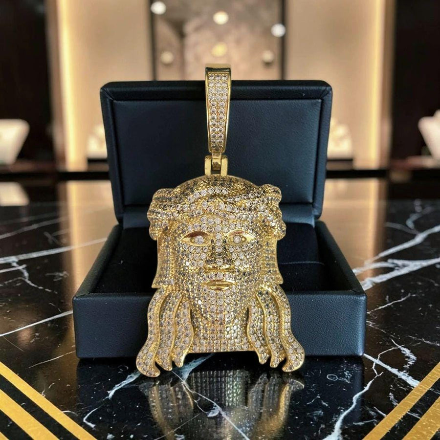 Custom Gold Filled Jesus Head Pendant – XL 38x70mm, 5 A Grade Cubic Zirconia Stones