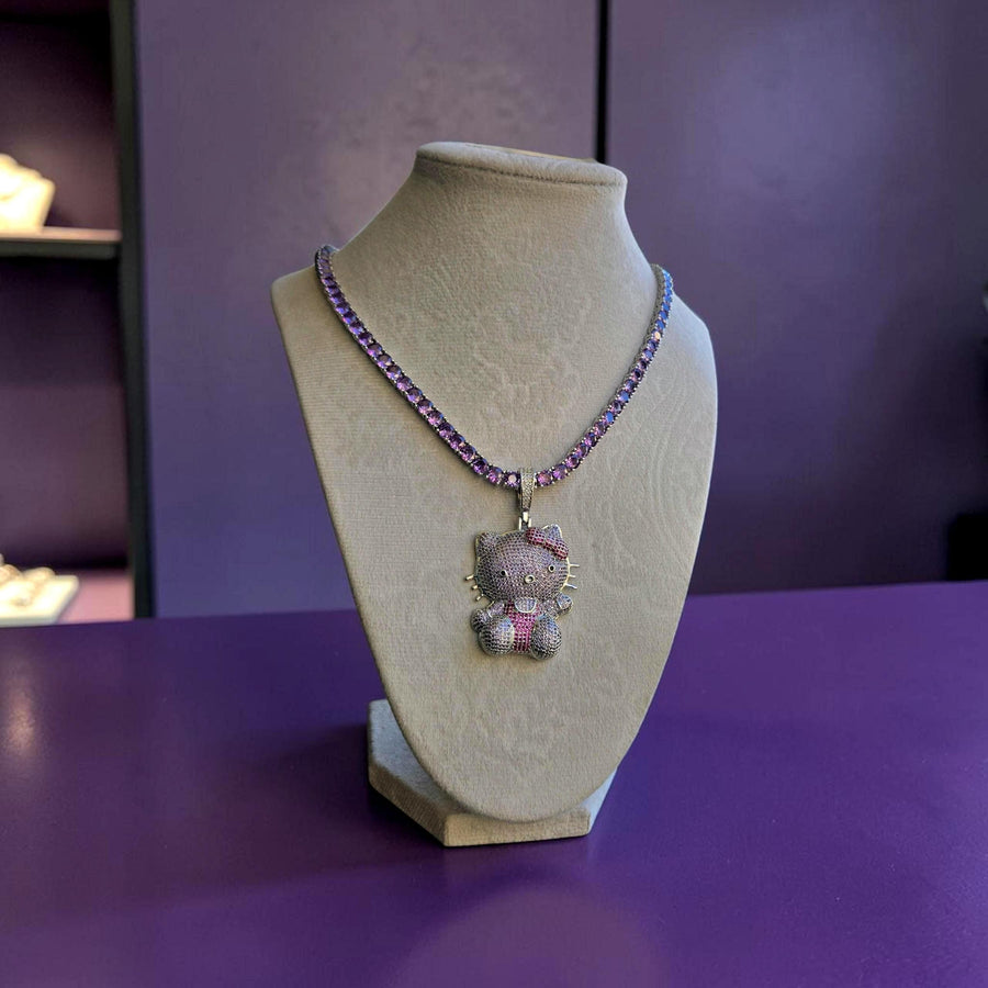 Iced Out White Gold Tone Tennis Necklace – Purple 5A Grade CZ Pendant (20 inches)