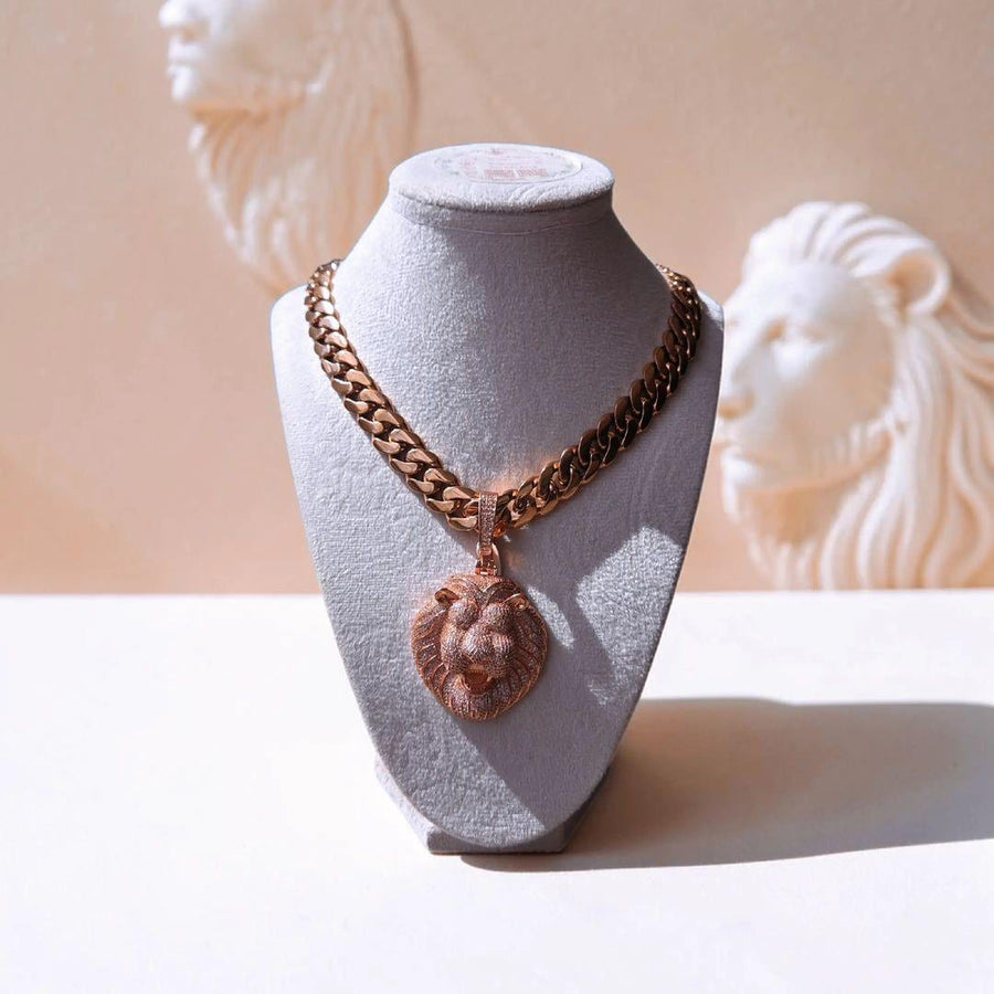 Custom Rose Gold Filled Cuban Link Necklace – XL Lion Head Pendant (22" Long)
