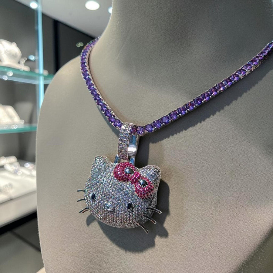 Iced Out Rose Gold Tone Pendant Necklace – Rhinestone Bow, Purple Tennis Chain (18" Long)
