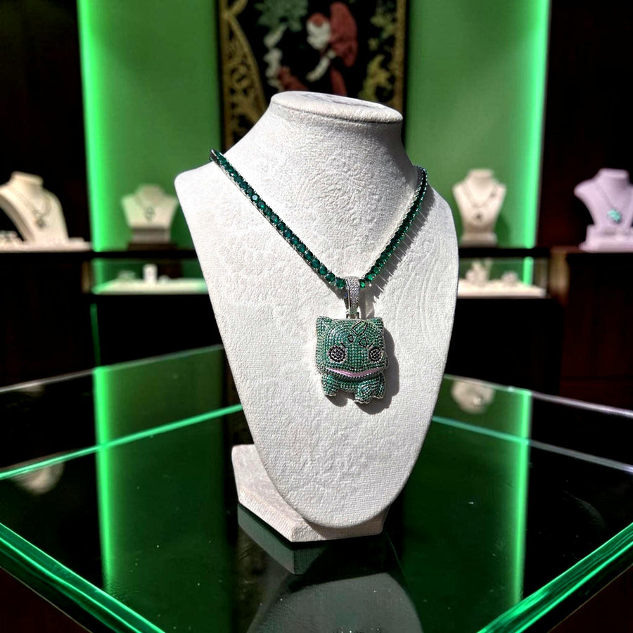Iced Out Green  set CZ Pendant with White Gold Tone Tennis Chain (20" Long)