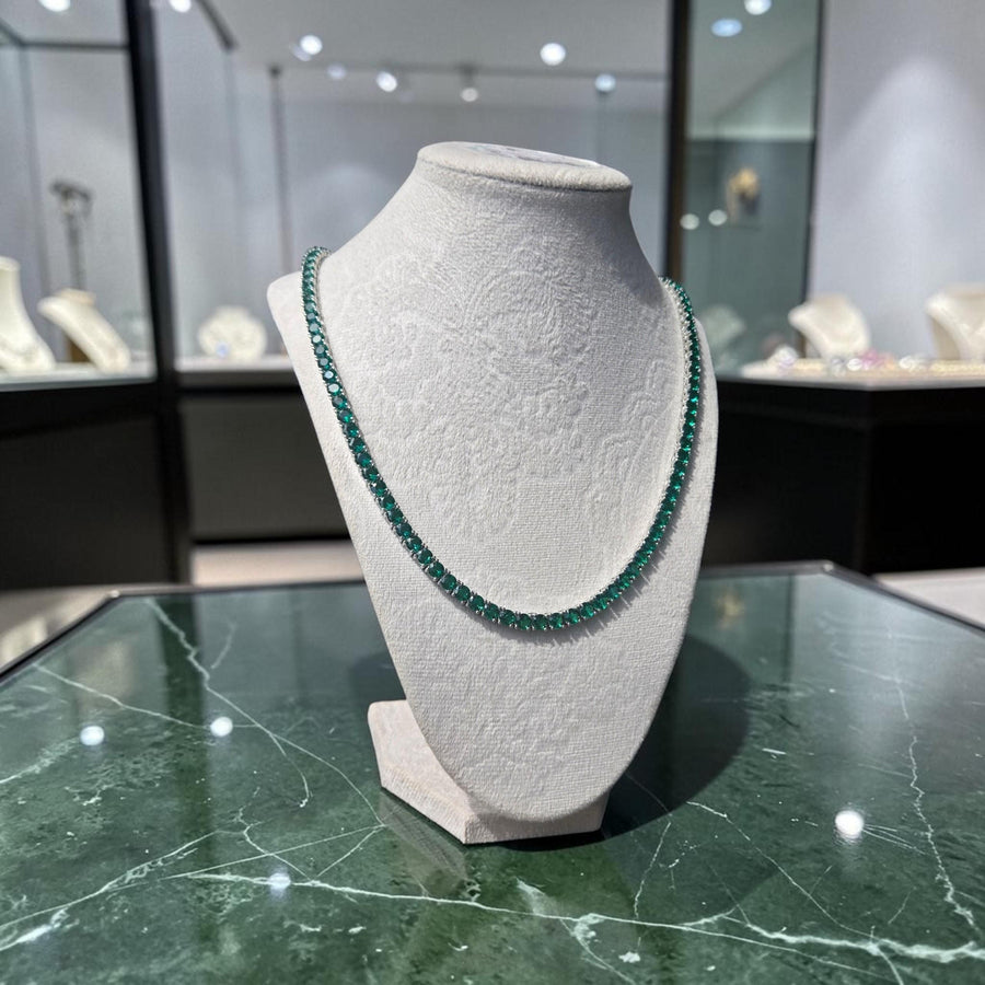 Iced Out Green CZ Tennis Necklace – 5.5mm Round Stones, Silver-Toned Setting (24 inches)