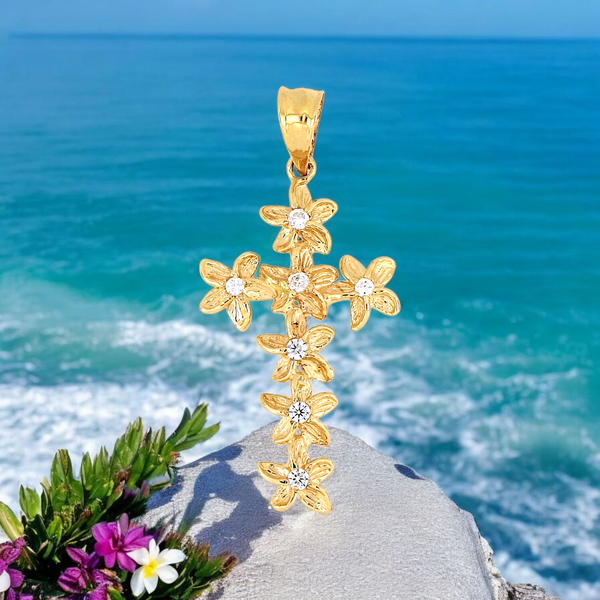 14K Plumeria Cross CZ Pendant