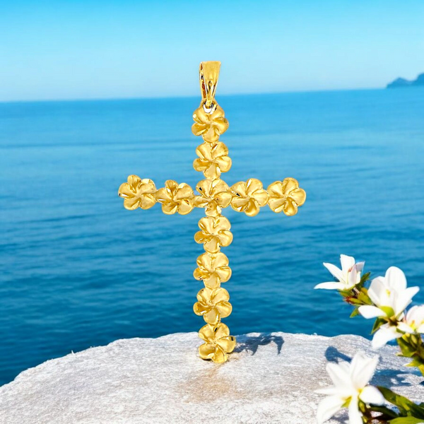 14K Plumeria Cross Pendant