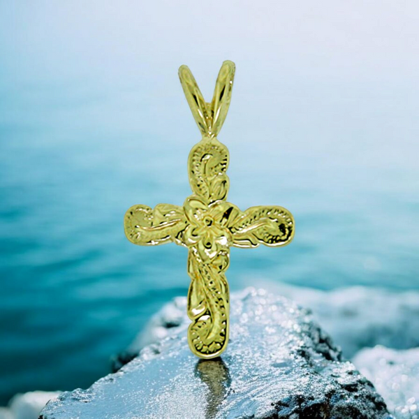 14K Hawaiian Heirloom Design Cross Pendant
