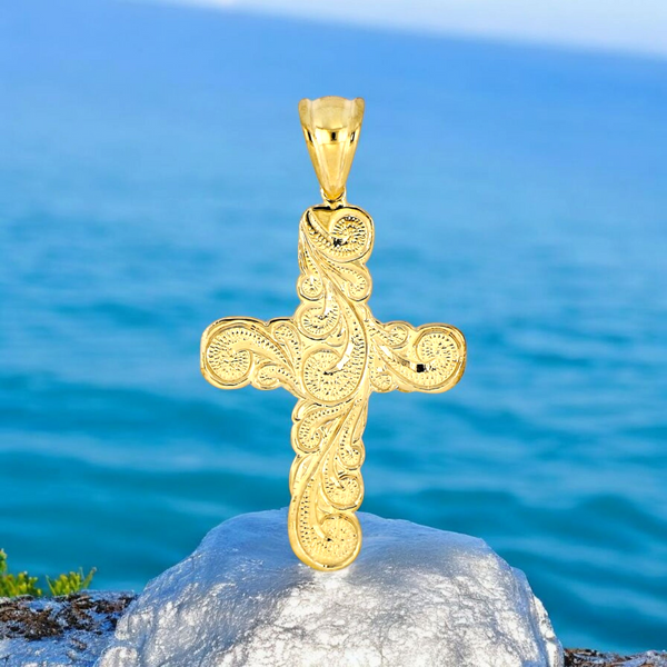 14K Hawaiian Scroll Cross Pendant