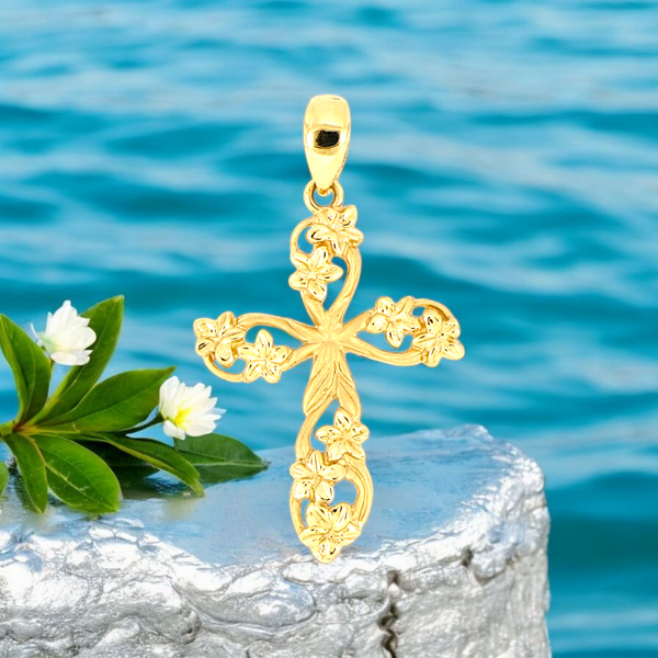 14K Plumeria Cross Pendant