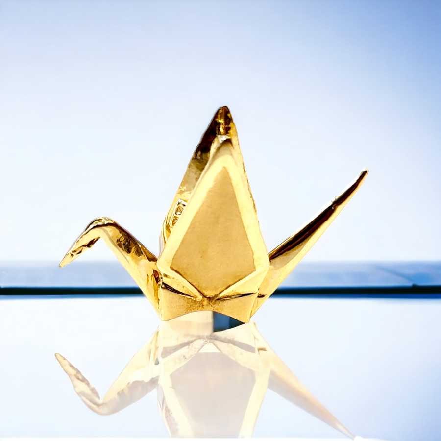 14K Yellow Gold 3D Origami Crane Pendant.