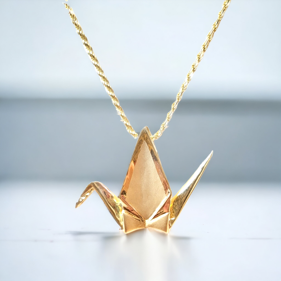 14K Origami Crane 3D Pendant (23mm)