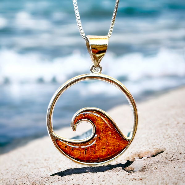 Silver Koa Wood Wave Pendant with Chain (23mm)