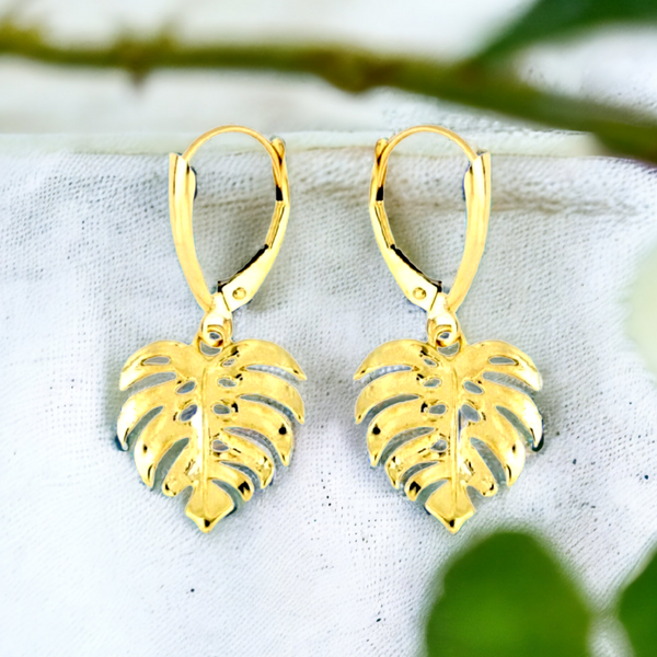 14K  Monstera  Leaf Dangle Earrings.