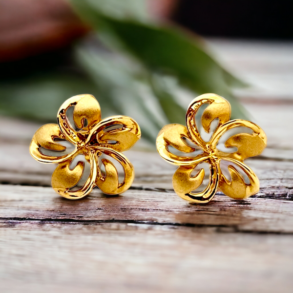 14k Plumeria 3D  Design Stud Earrings (13mm)