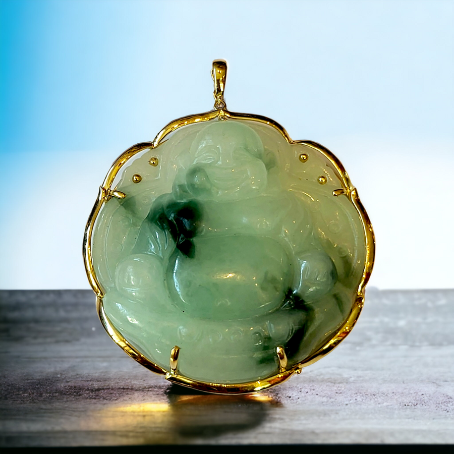 14K Natural Green Jade Buddha Pendant (59mm)