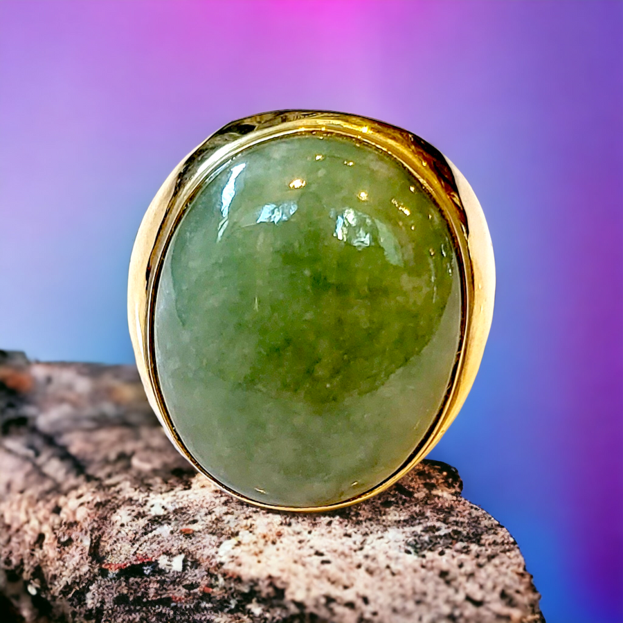 14K Natural Green Jade Gents Ring