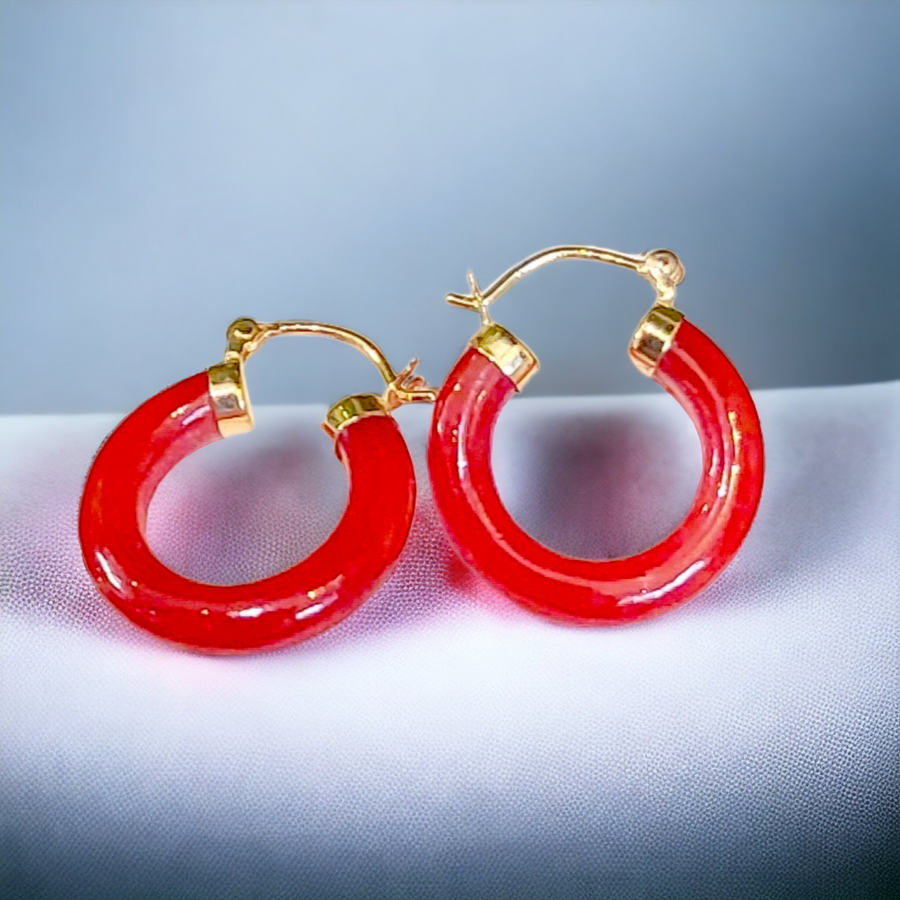 14k Red Jade Hoop Earrings