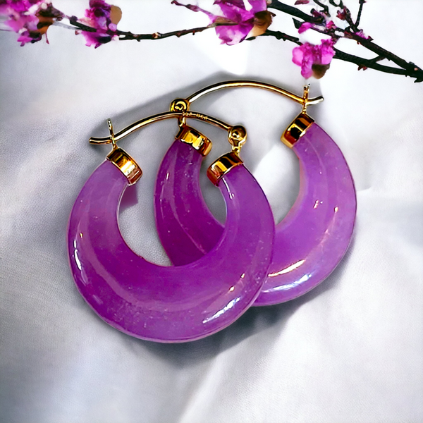 14K Lavender Jade Half Moon Hoop Earrings