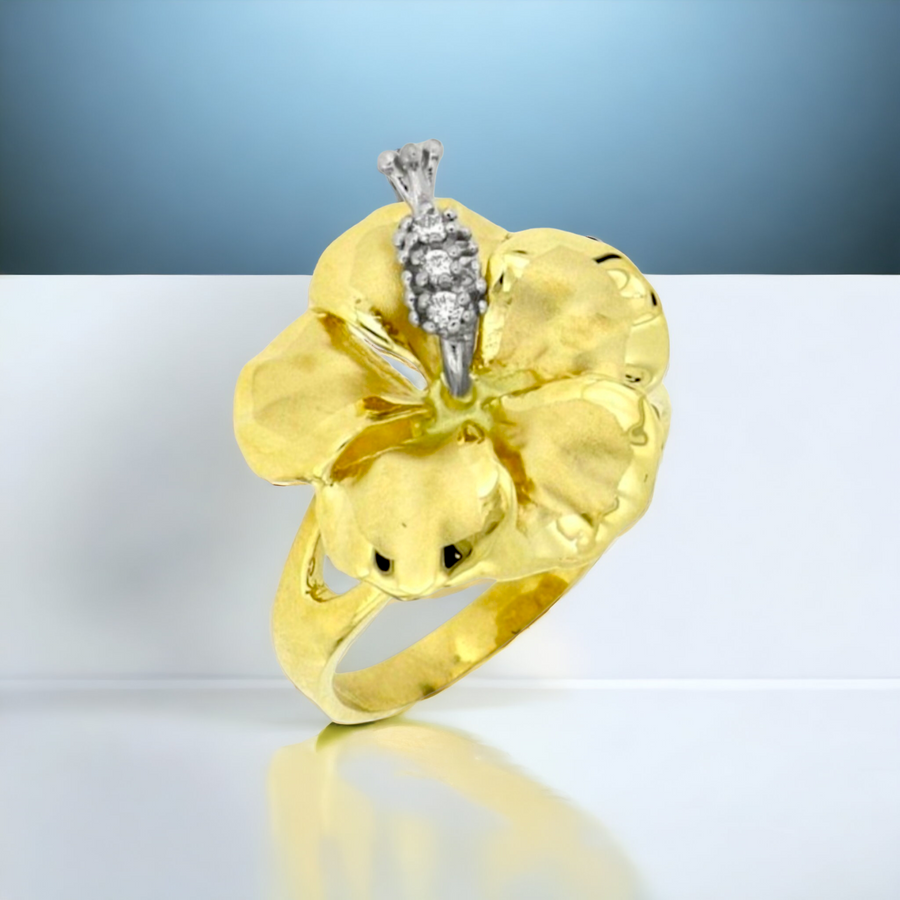 14K Yellow Gold Hibiscus Flower with Diamond Ring.