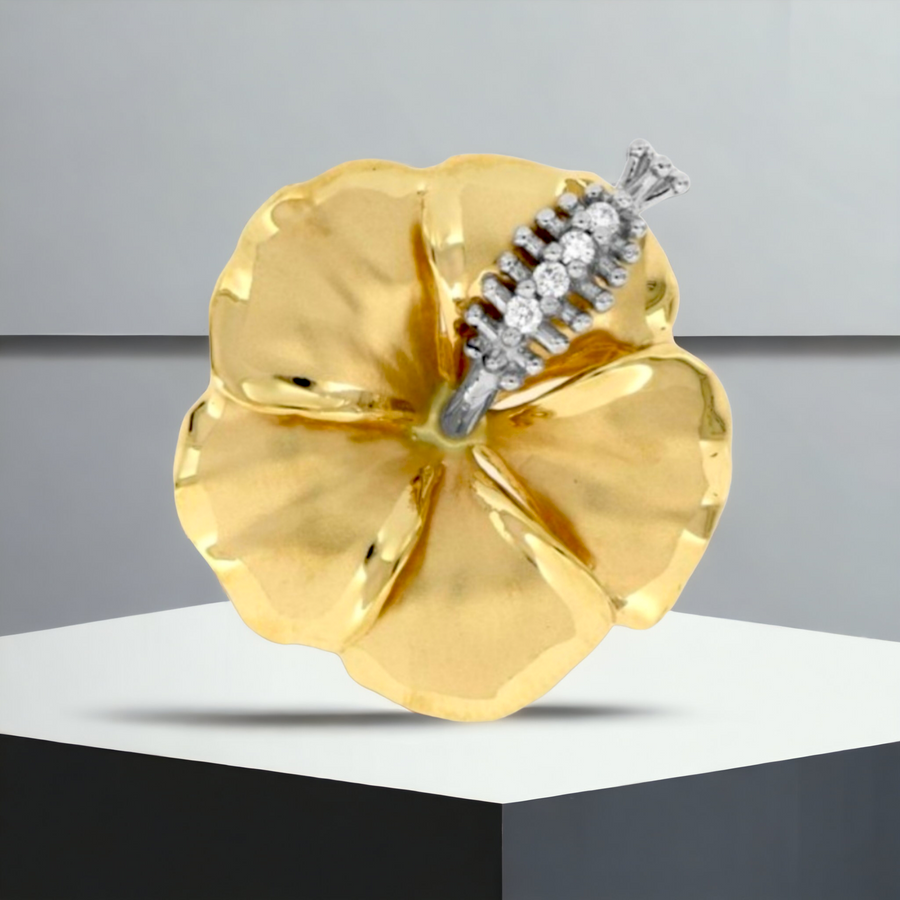 14K Yellow Gold Hibiscus  with Diamonds Slider Pendant.