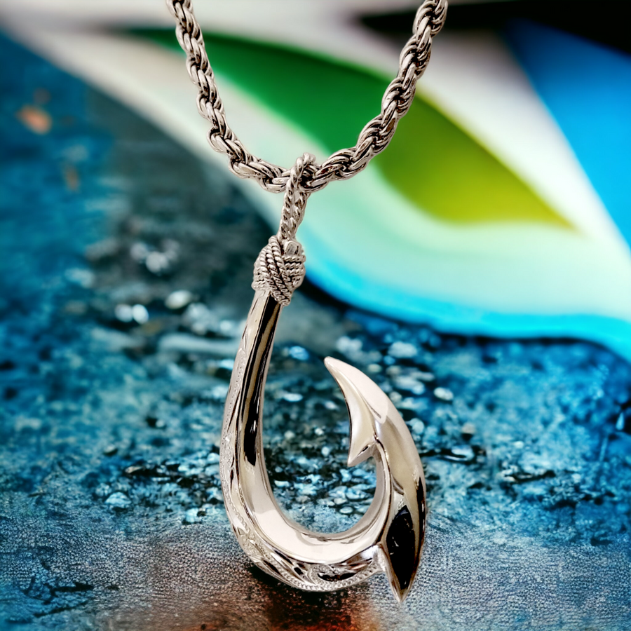 92.5 Sterling Silver Gadao Fish Hook Pendant with Koa Wood Accent
