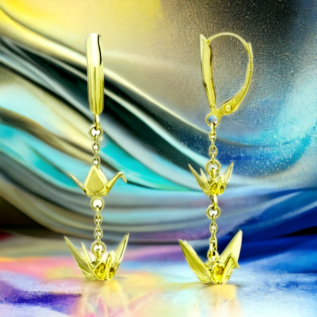 14K 3D Origami Peace Crane Design Earrings